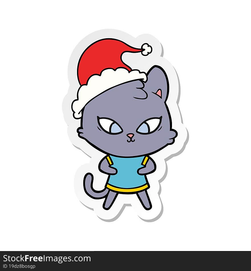 cute hand drawn sticker cartoon of a cat wearing santa hat. cute hand drawn sticker cartoon of a cat wearing santa hat