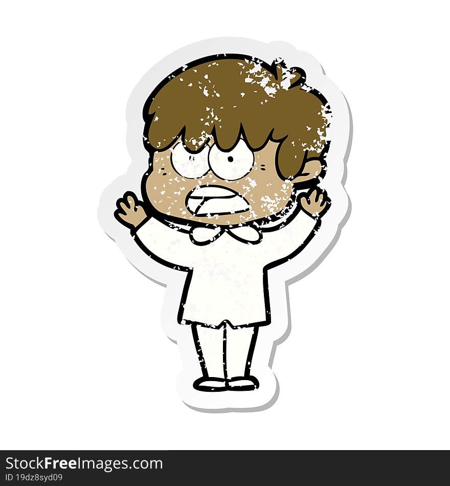 distressed sticker of a worried cartoon boy