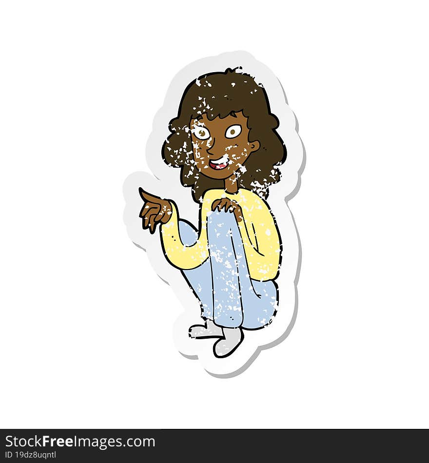 retro distressed sticker of a cartoon happy woman sitting and pointing