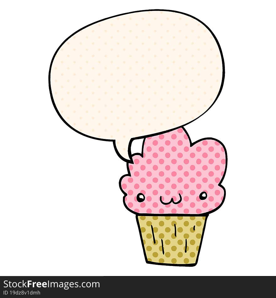 cartoon cupcake and face and speech bubble in comic book style