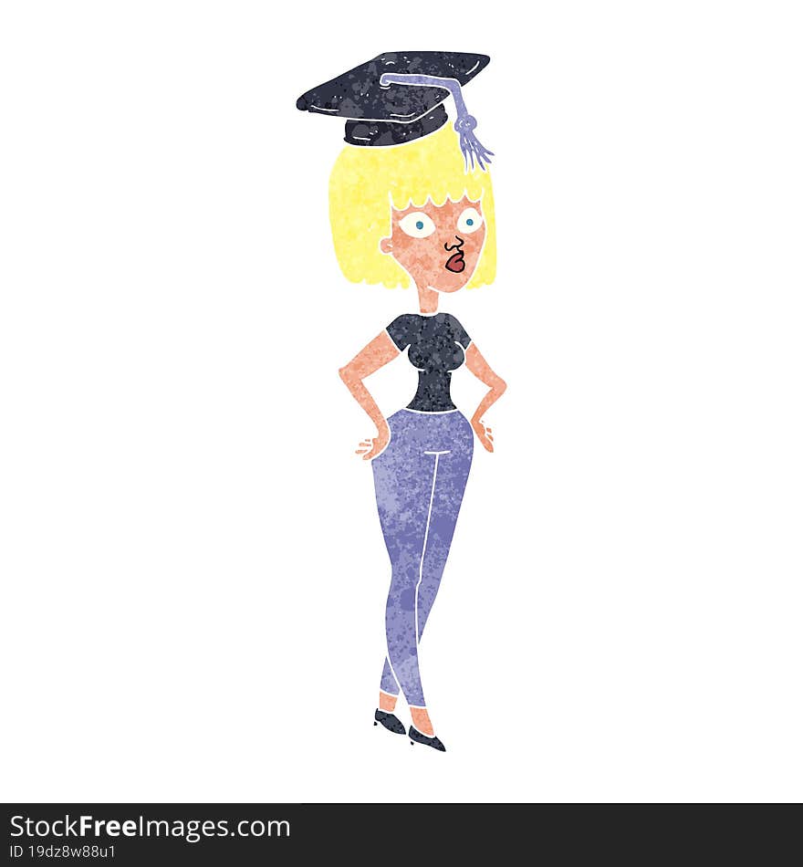 retro cartoon woman with graduation cap