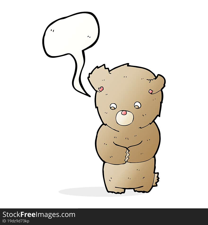 cartoon shy teddy bear with speech bubble