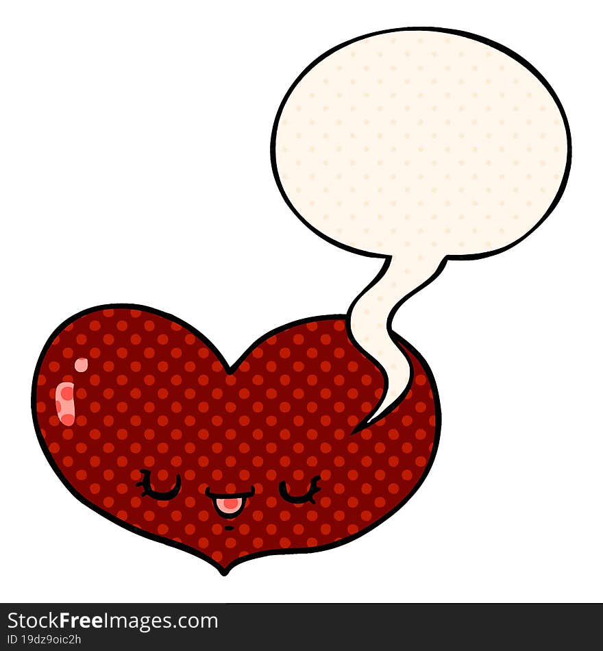 cartoon love heart character and speech bubble in comic book style