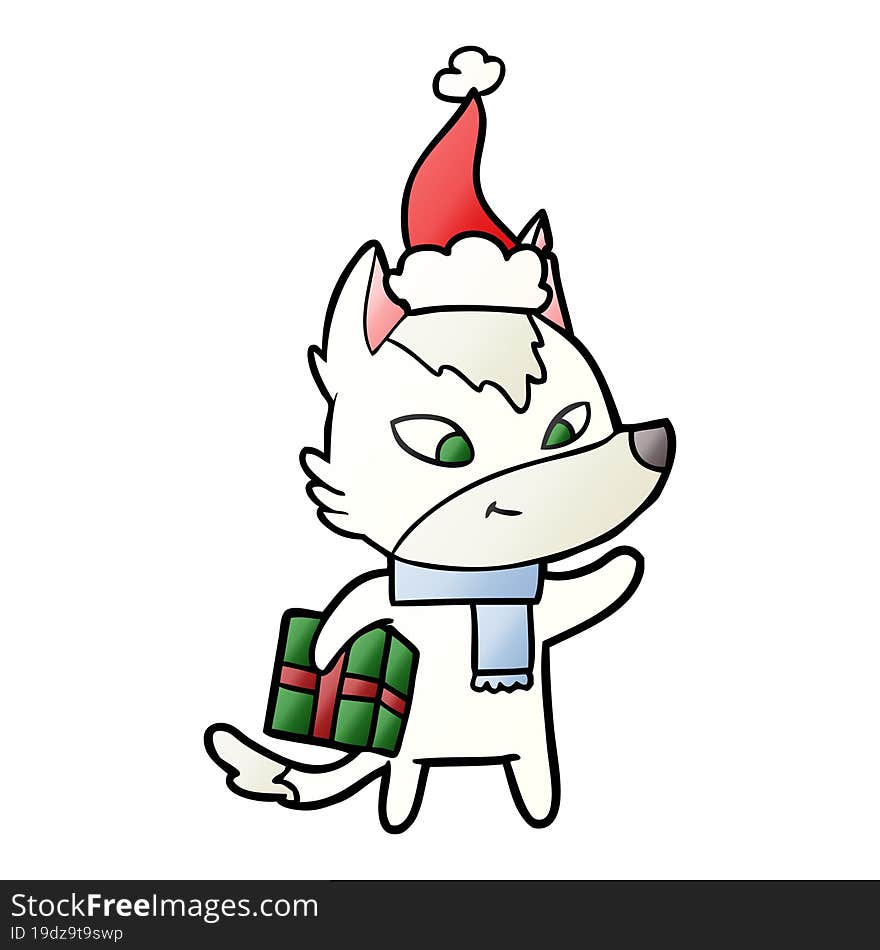 friendly gradient cartoon of a christmas wolf wearing santa hat