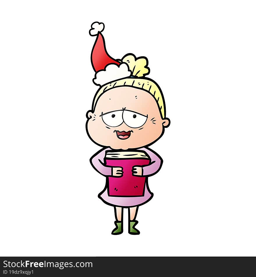 hand drawn gradient cartoon of a happy old lady wearing santa hat