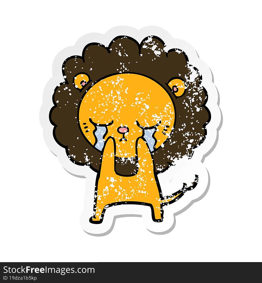 distressed sticker of a crying cartoon lion