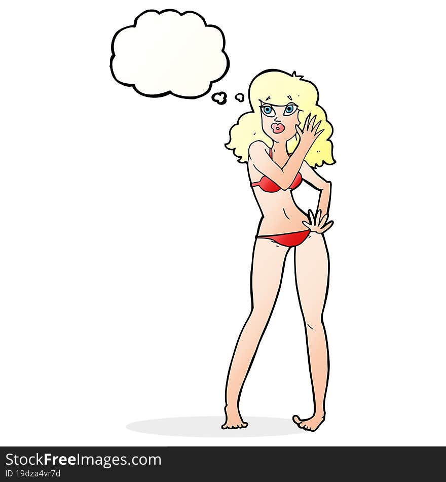 cartoon pretty woman in bikini with thought bubble