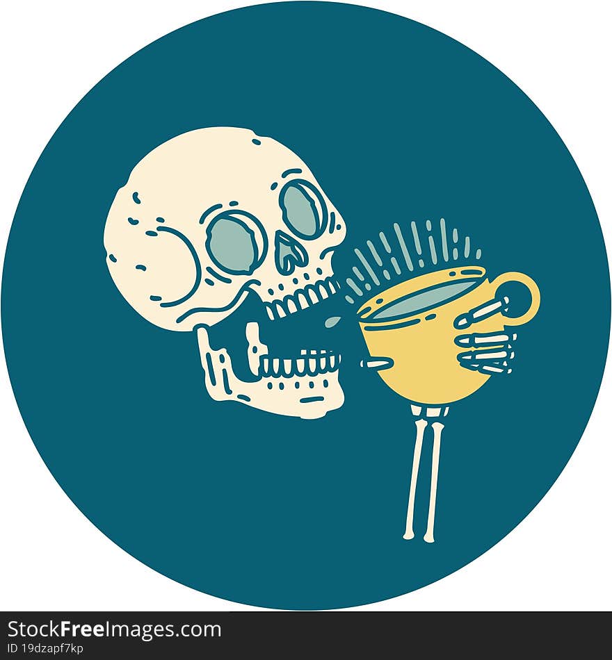 Tattoo Style Icon Of A Skull Drinking Coffee