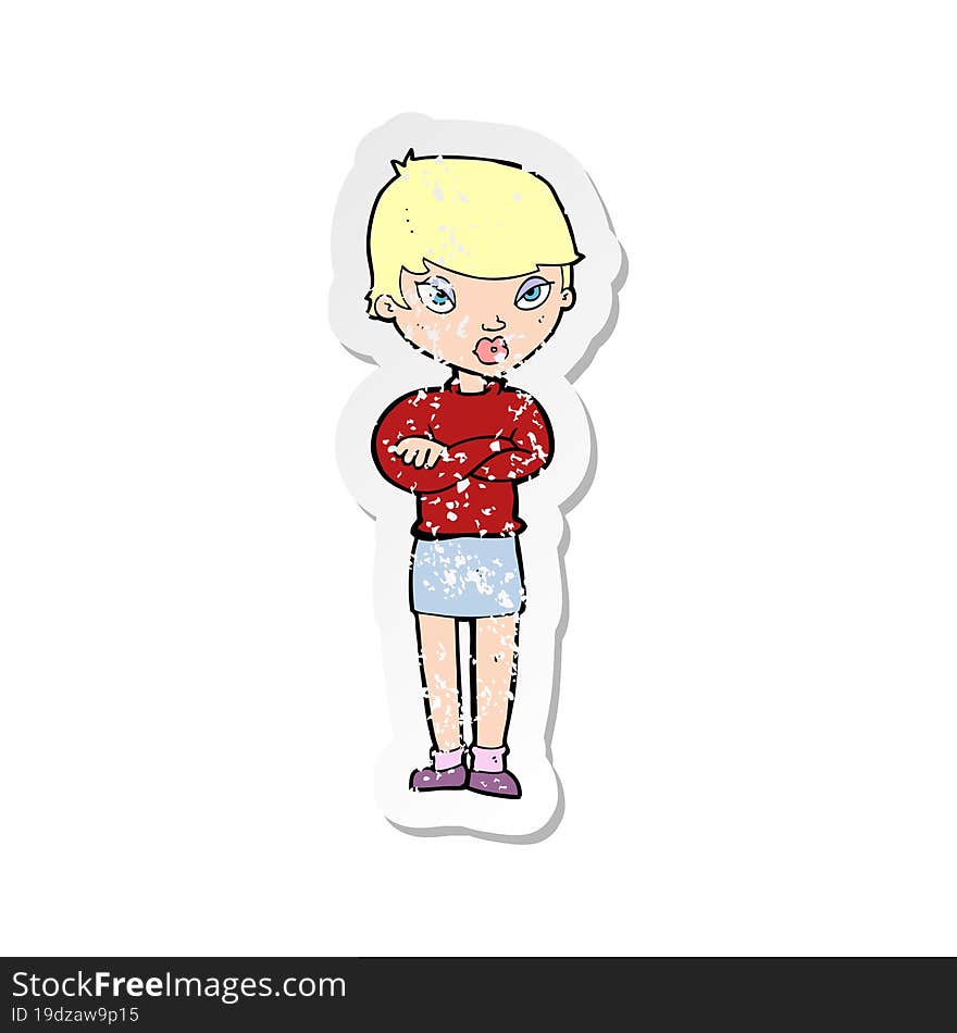 retro distressed sticker of a cartoon annoyed woman