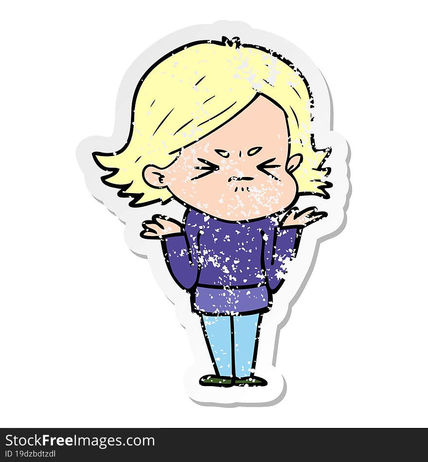 distressed sticker of a cartoon angry woman