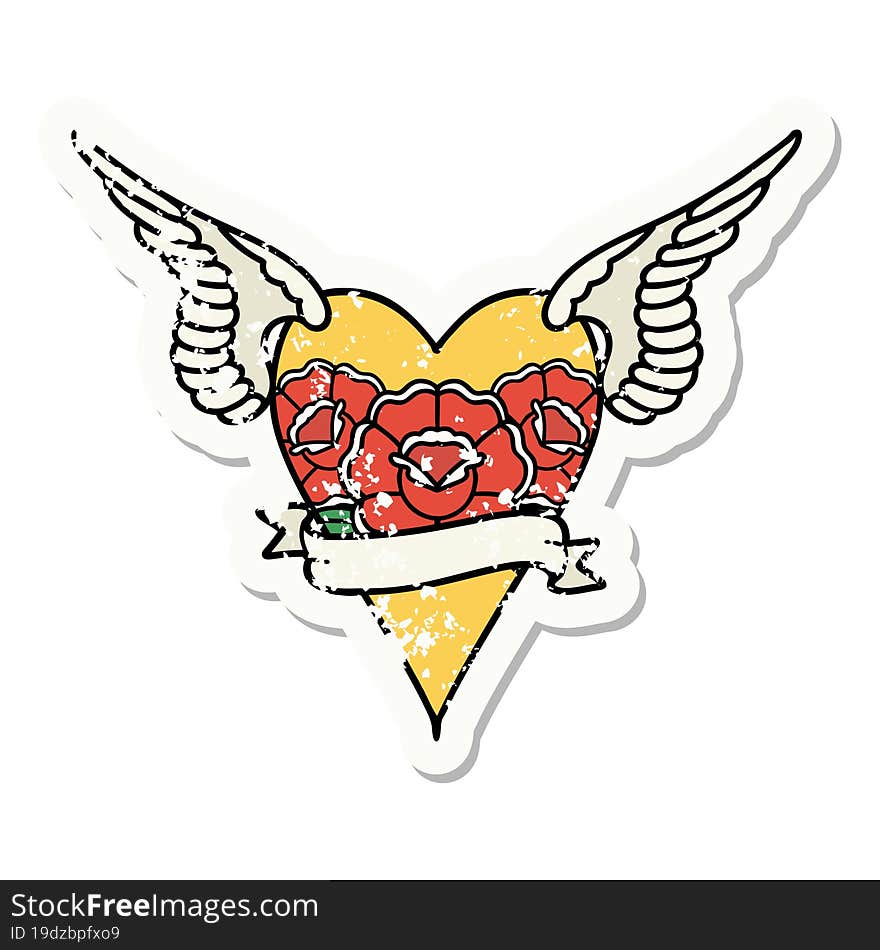 distressed sticker tattoo in traditional style of a flying heart with flowers and banner. distressed sticker tattoo in traditional style of a flying heart with flowers and banner