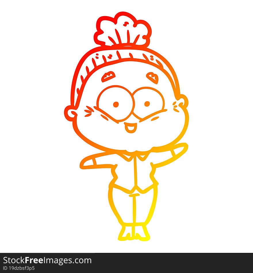 warm gradient line drawing of a cartoon happy old woman