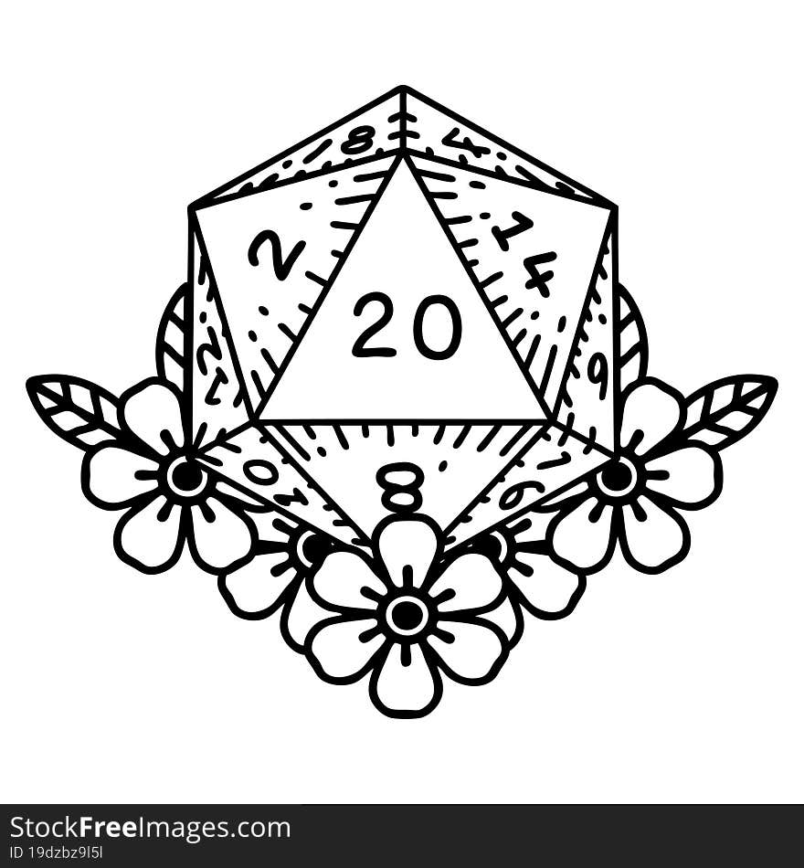 black line tattoo of a d20