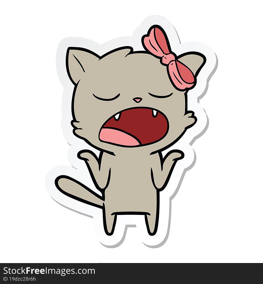 sticker of a cartoon yawning cat shrugging shoulders