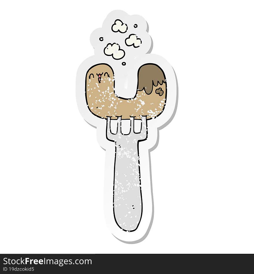 distressed sticker of a cartoon sausage on fork