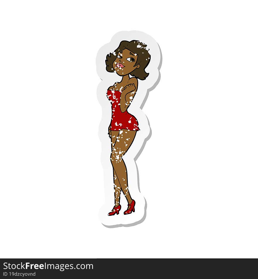 Retro Distressed Sticker Of A Cartoon Attractive Woman In Short Dress