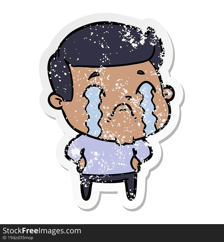 distressed sticker of a cartoon man crying