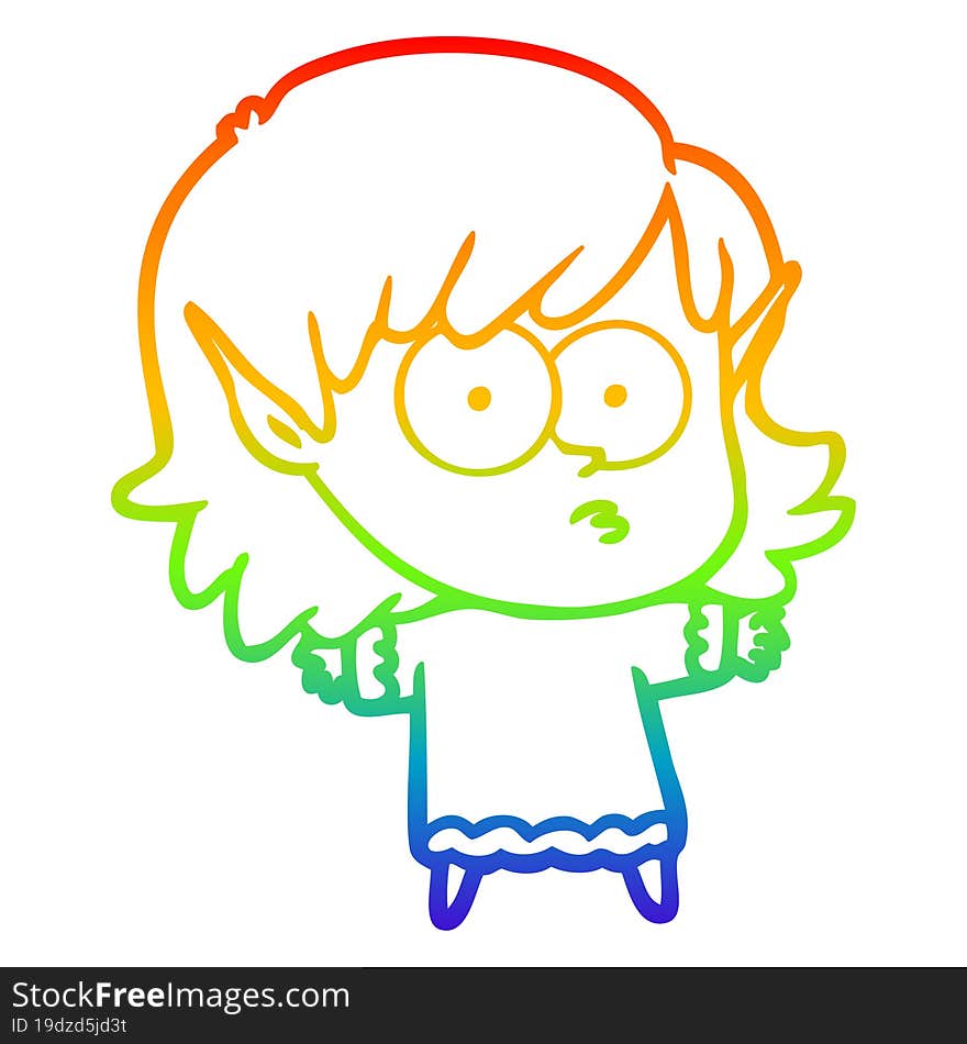 Rainbow Gradient Line Drawing Cartoon Elf Girl Staring