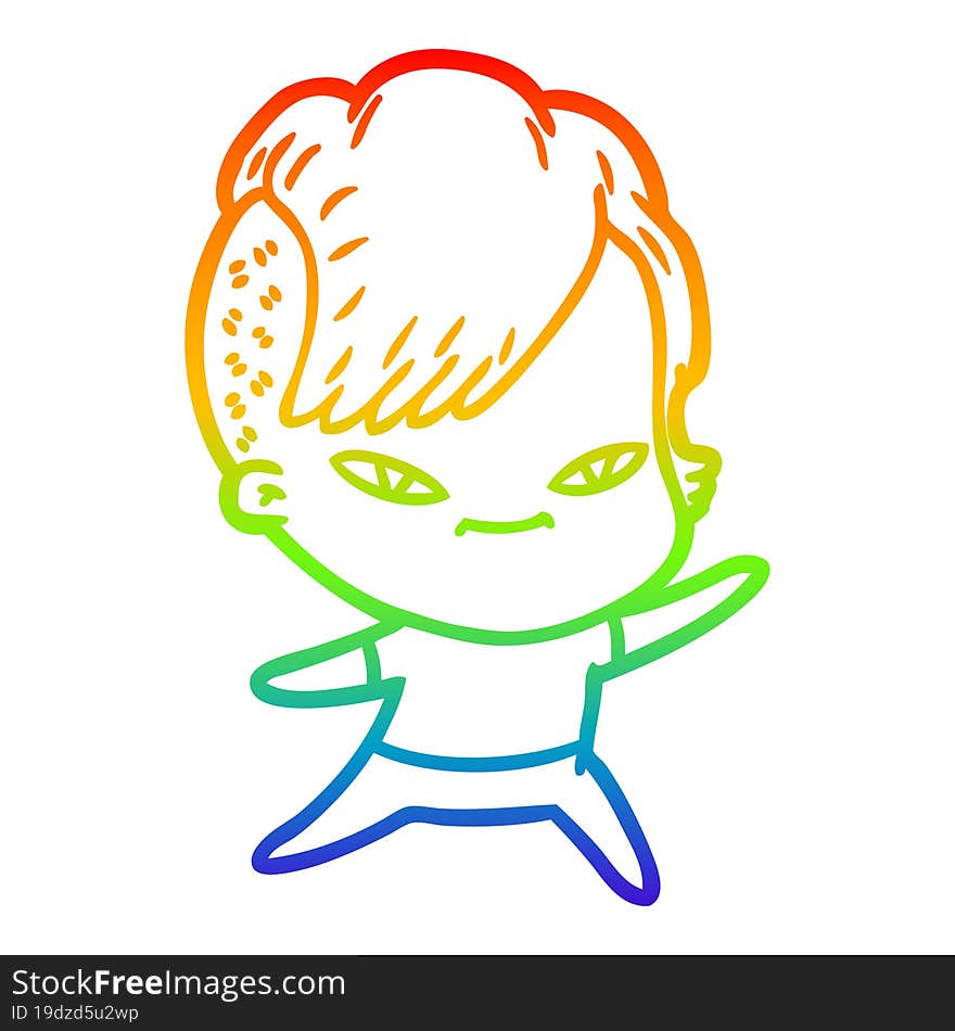 rainbow gradient line drawing of a cute cartoon girl with hipster haircut