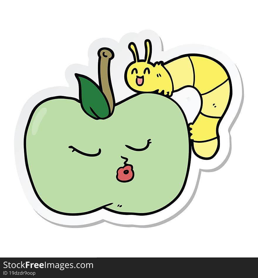 Sticker Of A Cartoon Pretty Apple And Bug