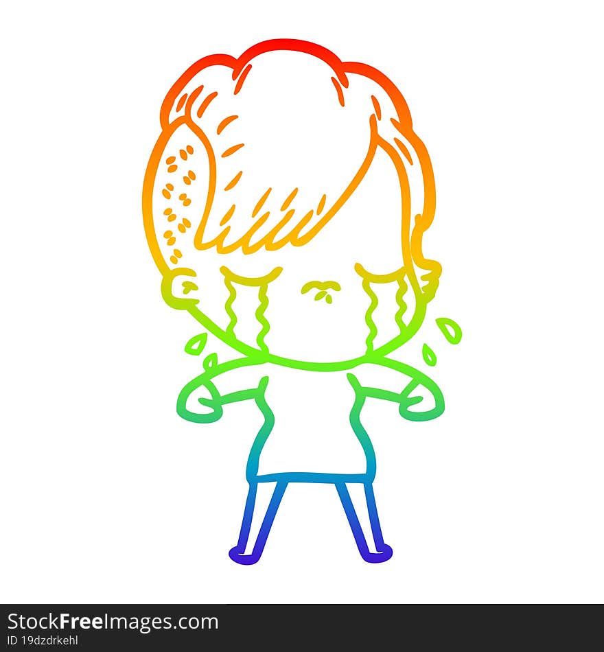 rainbow gradient line drawing of a cartoon crying girl