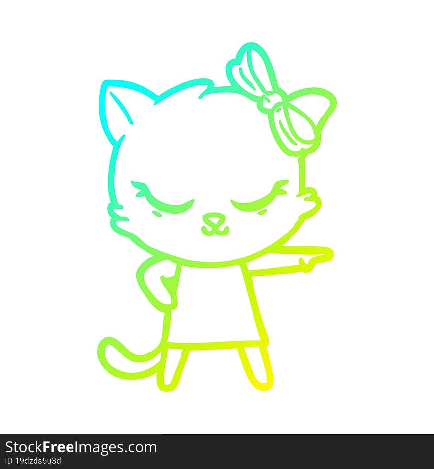 cold gradient line drawing cute cartoon cat with bow