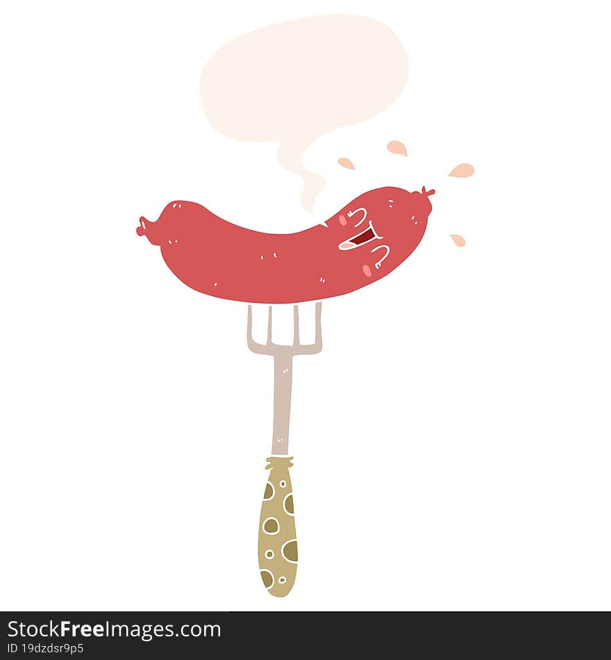 cartoon happy sausage on fork and speech bubble in retro style