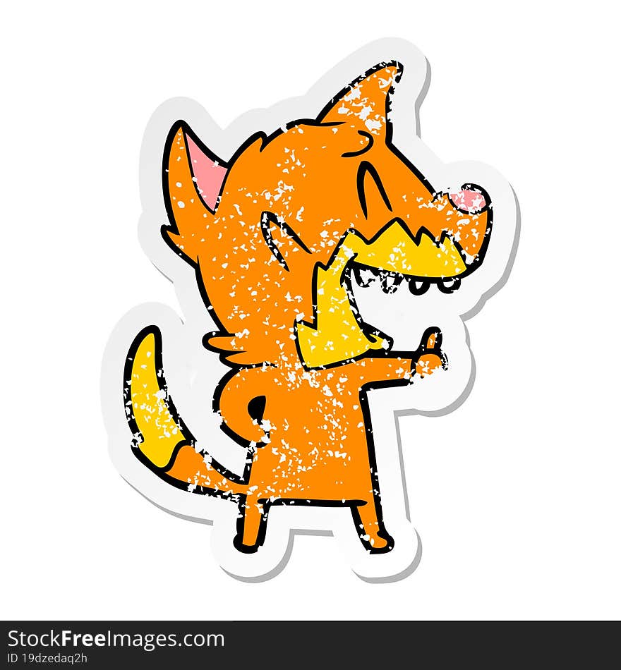 distressed sticker of a laughing fox cartoon