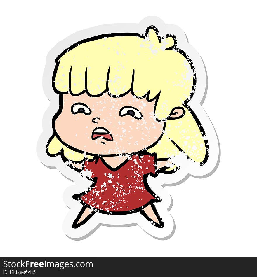 distressed sticker of a cartoon worried woman