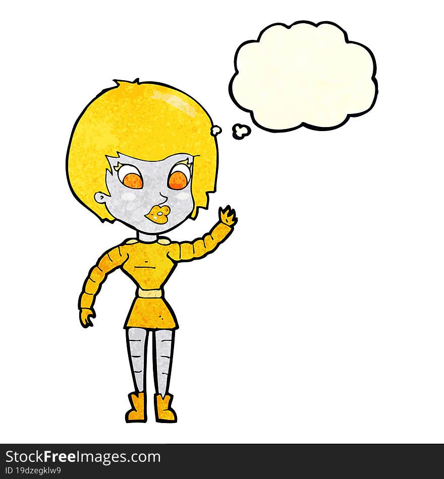 cartoon robot woman waving with thought bubble