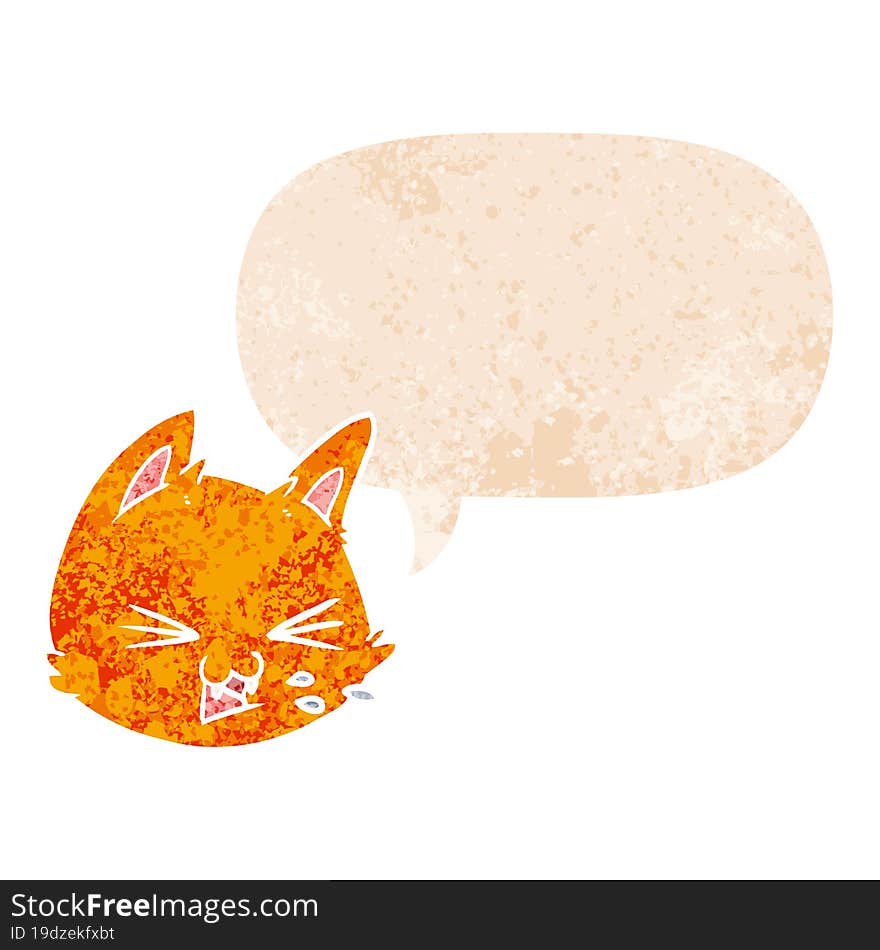 Spitting Cartoon Cat Face And Speech Bubble In Retro Textured Style