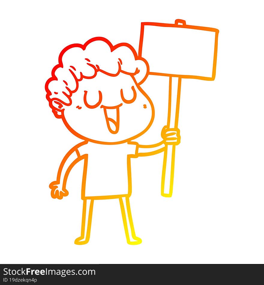 warm gradient line drawing of a laughing cartoon man with black signpost