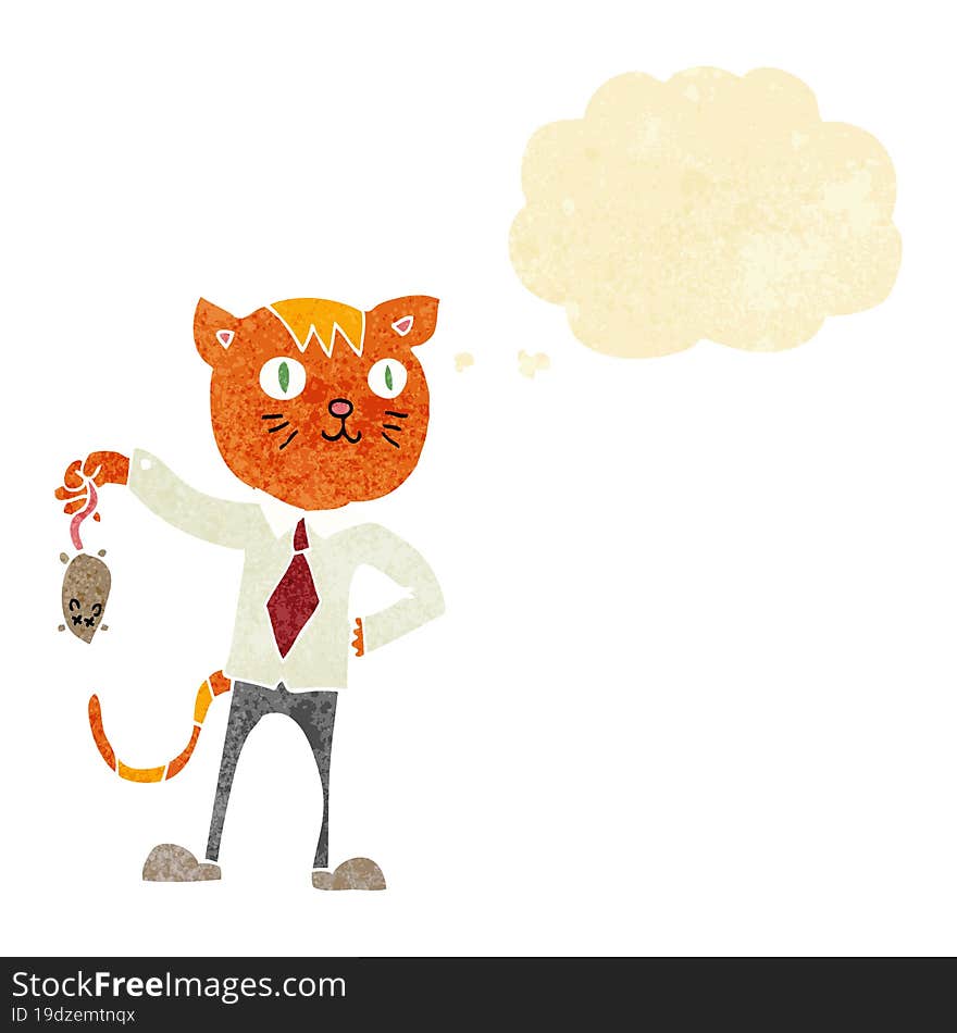 cartoon business cat with dead mouse with thought bubble