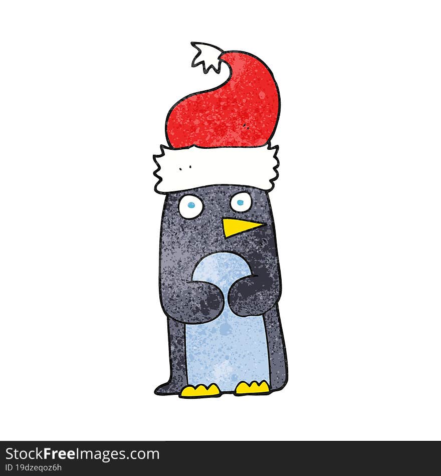 freehand textured cartoon penguin in christmas hat