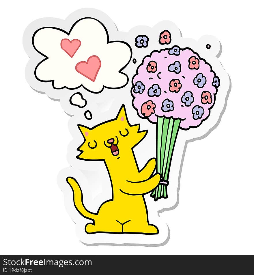 cartoon cat in love with flowers with thought bubble as a printed sticker