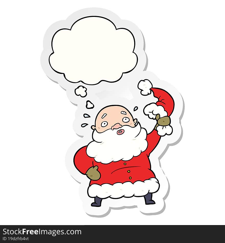 cartoon santa claus waving hat and thought bubble as a printed sticker