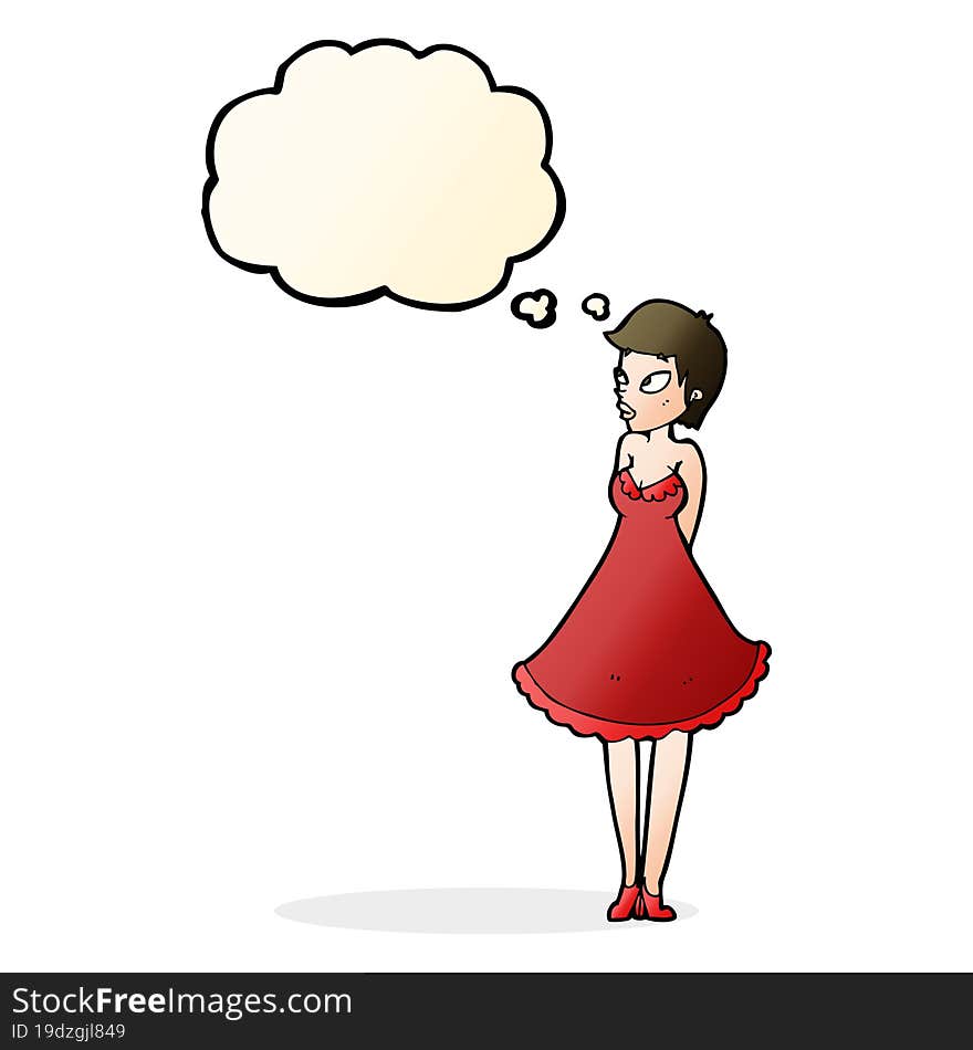 cartoon pretty woman in dress with thought bubble