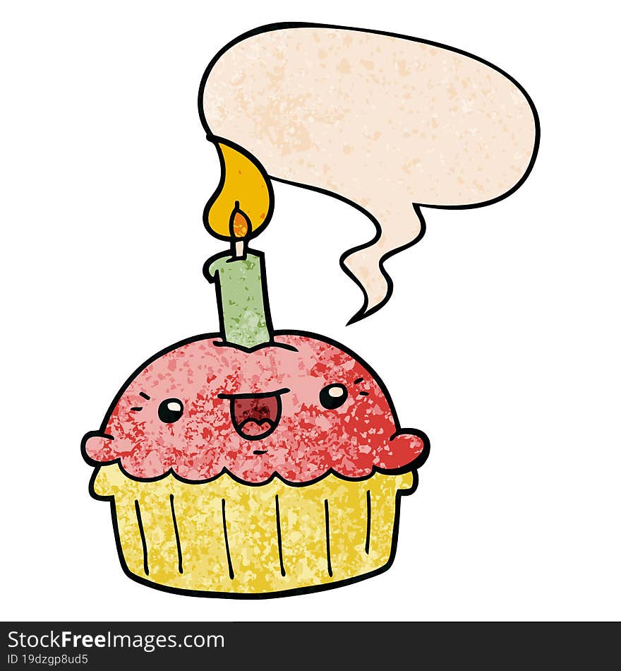 cartoon cupcake with candle with speech bubble in retro texture style. cartoon cupcake with candle with speech bubble in retro texture style