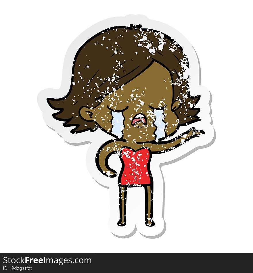 distressed sticker of a cartoon girl crying