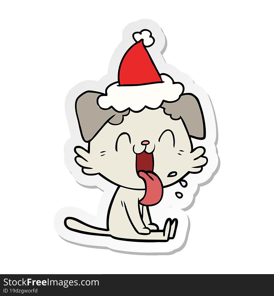 sticker cartoon of a panting dog wearing santa hat