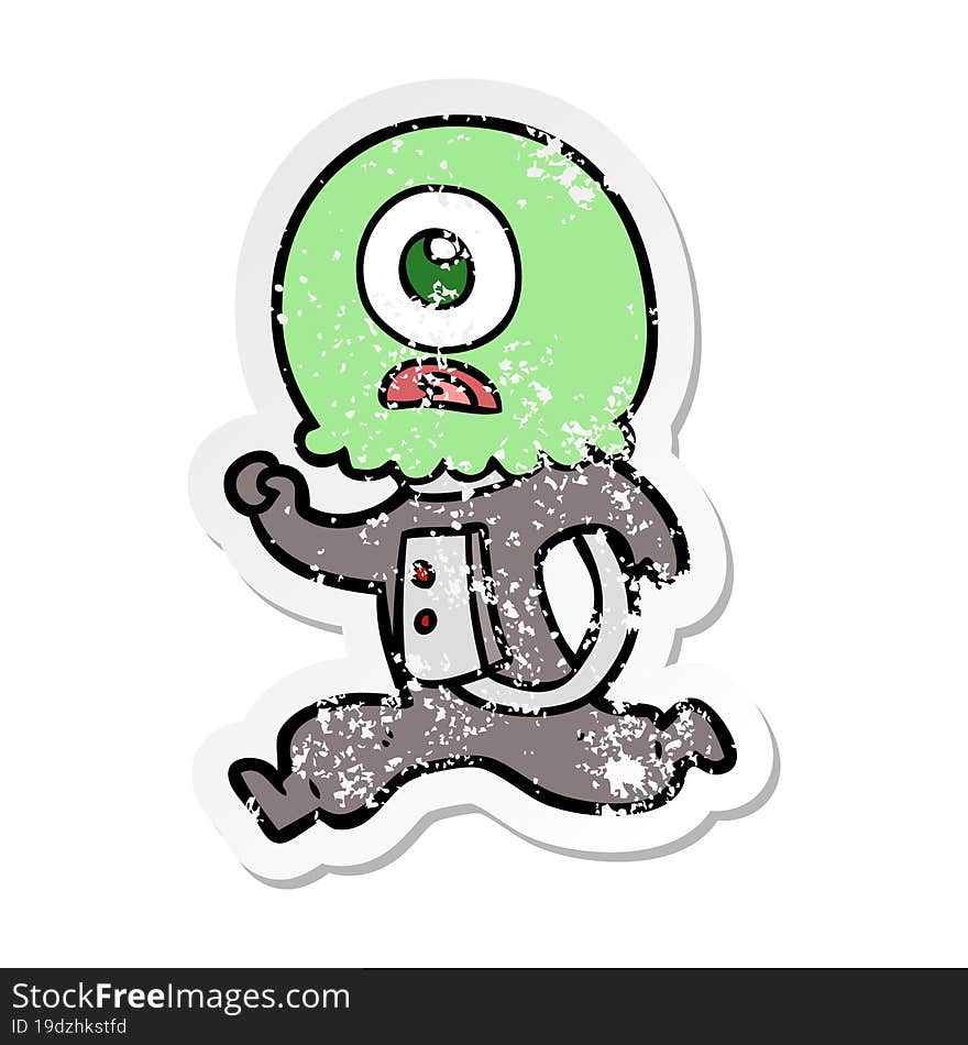 distressed sticker of a cartoon cyclops alien spaceman running