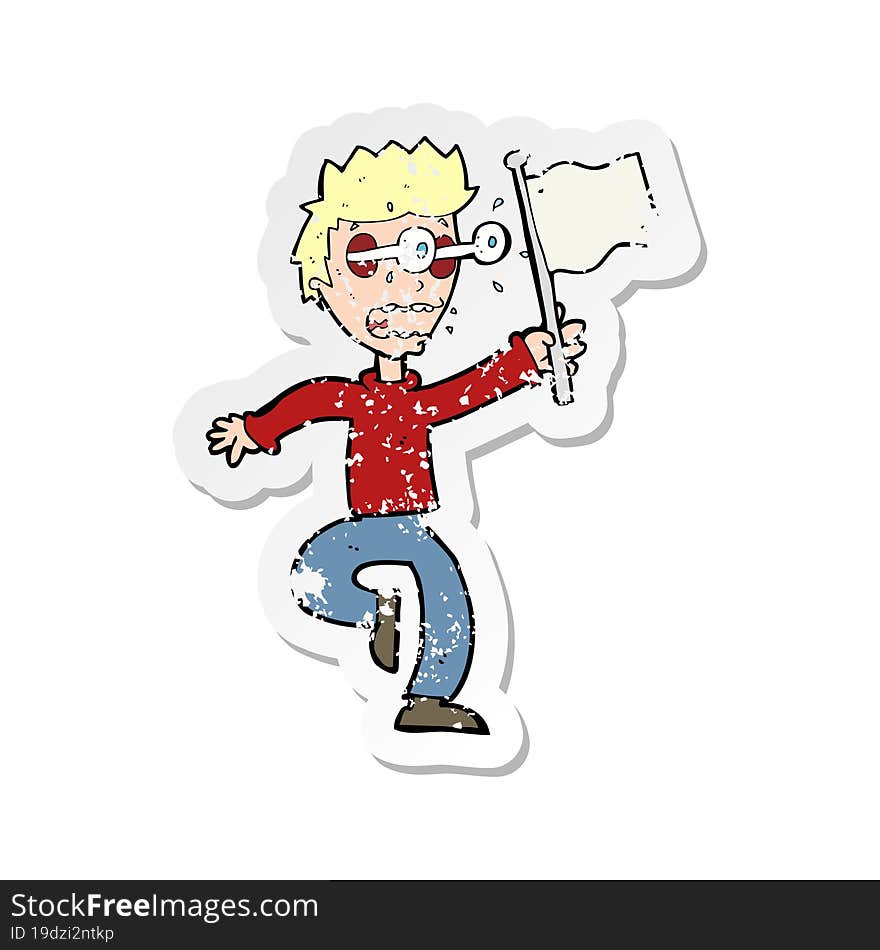 retro distressed sticker of a cartoon frightened boy giving up