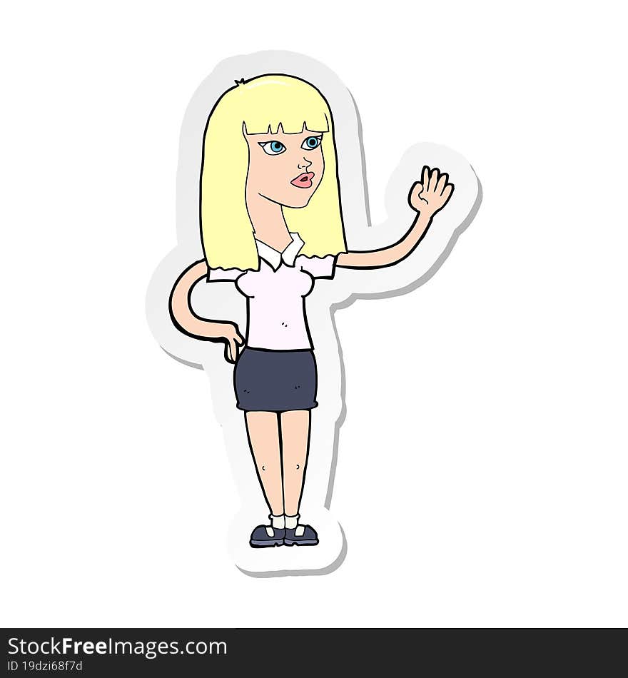 sticker of a cartoon pretty woman waving