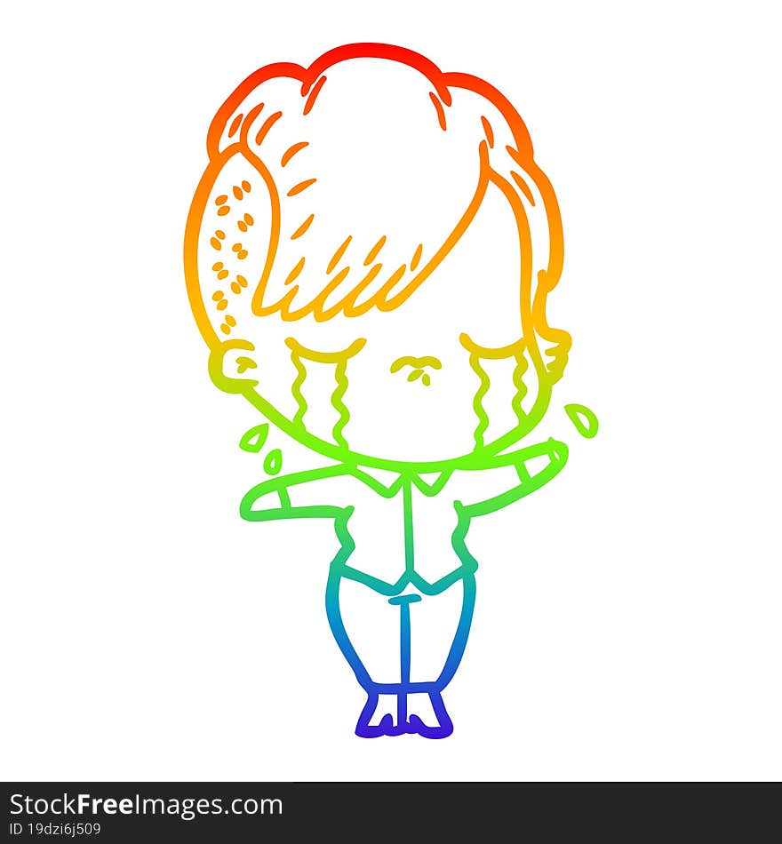 rainbow gradient line drawing of a cartoon crying girl