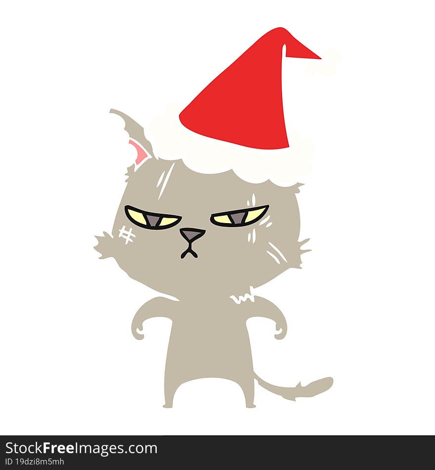 Tough Flat Color Illustration Of A Cat Wearing Santa Hat