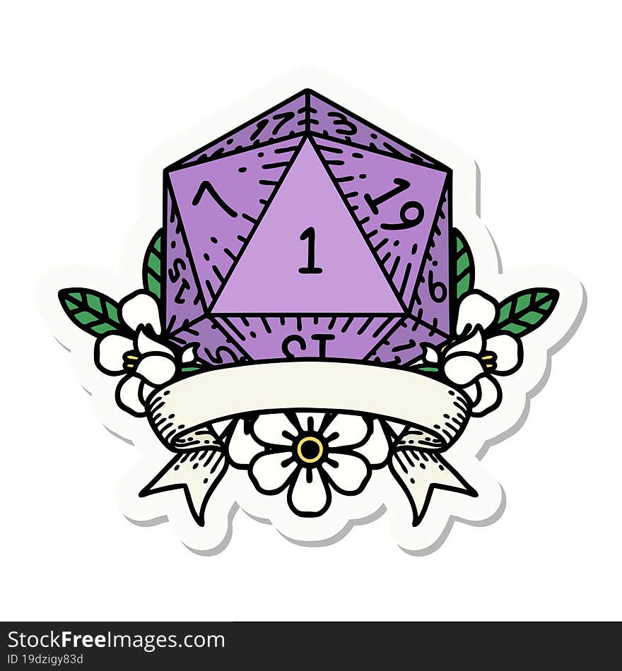 sticker of a natural one d20 dice roll. sticker of a natural one d20 dice roll