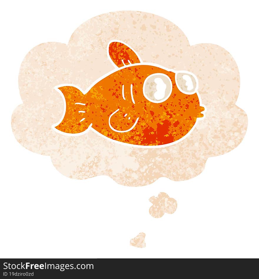 cartoon fish and thought bubble in retro textured style