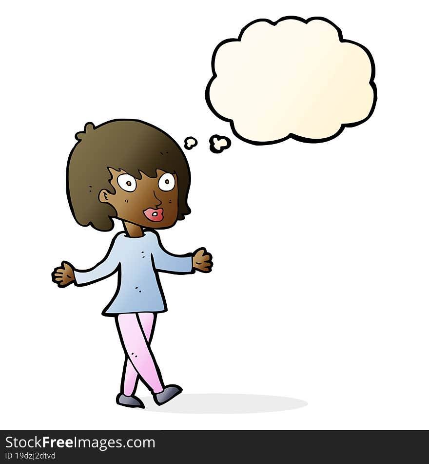 cartoon woman with open arms with thought bubble