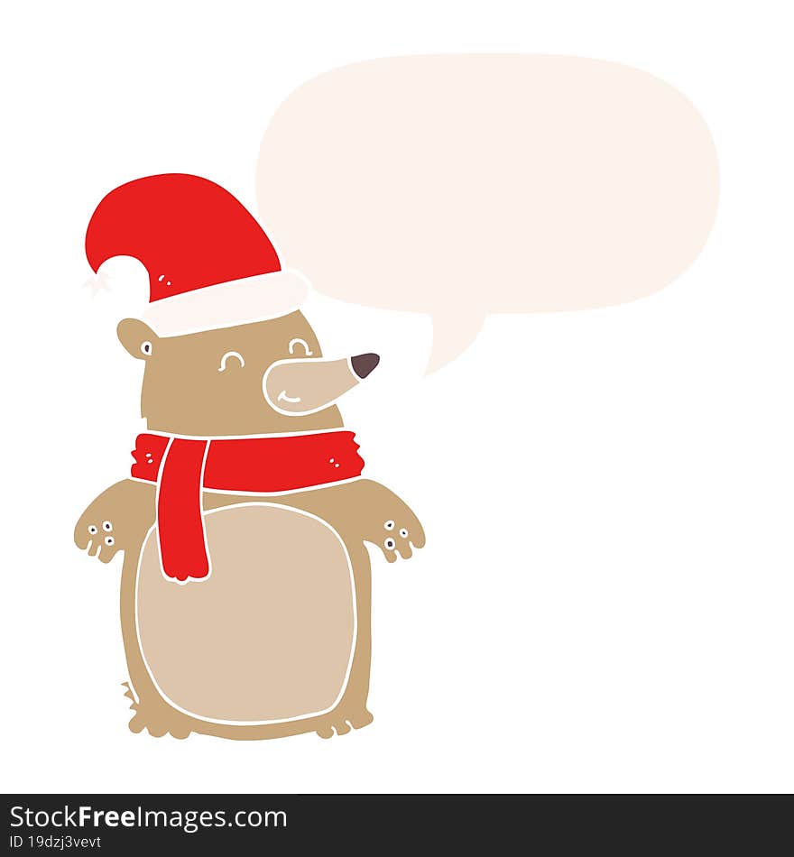 cartoon christmas bear and speech bubble in retro style