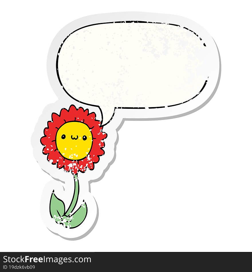 cartoon flower and speech bubble distressed sticker